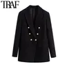 TRAF Damen Mode Büro Tragen Zweireiher Tweed Blazer Mantel Vintage Langarm Taschen Weibliche Oberbekleidung Chic Tops 210930