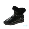 Boots Genuine Real Fur Patent PU Leather Pattern Casual Cold Winter Flats Shoes Women Warm Snow