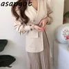 Vestidos Chic Temperamento coreano Elegante Slim Cintura alta V Cuello Puff Manga larga Patchwork Vestido plisado Oficina Lady Vestidos 210610