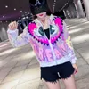 PERHAPS U Women Black Gold Silver Pink Multicolor Eye Letter Sequined Bomber Jacket Zipper Long Sleeve Baseball Uniform C0373 210529