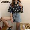 aqoia韓国スタイル半袖ターンダウンカラー女性ブラウスボタンアップスペースプリッチブラウス春夏のレディースシャツ210226