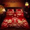 Sängkläder uppsättningar high-end guld phoenix loong broderi kinesiska bröllop 100% bomull röd uppsättning täcke täcke sängkläder sängkläder pillowcases