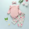 Zestawy odzieżowe 0-24m Spadek Jesień Niemowlę Baby Girls 3PCS Odzież Słodki Potargowany Różowy Z Długim Rękawem Body + Spodnie Wzór Kwiatu + Pałąk