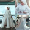 Mermaid Muslim Beading Wedding Dresses Bridal Gown Long Sleeves with Overskirt Jewel Neck Sweep Train Lace Applique Crystals Vestidos De Novia
