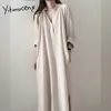 Yitimuceng button up jurk vrouwen midi oversize jurken lantaarn mouw hoge taille beige witte lente zomer Koreaanse mode 210601