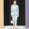 Spring Elegant Office Lady Pants 2 Piece Set Women Runway Fashion Geometric Print Blazer and Trousers Suit Party Twinset 210601