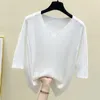 M-4XL Plus Size Sexy Hollow Out Women Sweter Pulower Krótki Rękaw V Neck Summer Lato Kirting T-shirt Cienkie białe swetry 210604