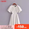 Tangada Moda Mulheres Branco Algodão Cut-Out Dress Chegada Puff Buff Manga Curta Senhoras Vestido Joelho 3H365 210609