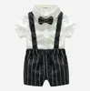Baby Boys Genleman Style Stithy Setse Наборы Летнее малыш Короткие Рубашки с коротким рукавом с Bowtie + Striped Supender Шорты 2 шт. Установить дети костюмы младенческие наряды