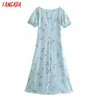 Tangada Summer Women Blue Flowers Stampa abito lungo stile francese Puff manica corta Ladies Sundress 3H435 210609