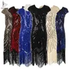 Kvinnor 1920s Vintage Flapper Stor Gatsby Party Dress V-Neck Sleeve Sequin Fringe Midi Klänningar Sommar Art Deco Utsmyckad X0705