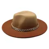 Fedora Mössor Gradient Färg Solid Bälteband Kedja Jazz Caps Wide Brim Casual Formell Kyrka Bröllop Khaki Black Camel Kvinnor Hattar