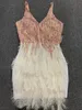 High Quality Pink White Feathers Rayon Bandage Dress Elegant Night Club Party Dress Vestidos 210306