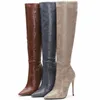 Brown Brand Designer Faux Leather Women Knee High Boots Pointed Toe Boots Women Long Super High Heel Zipper Boots