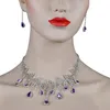 Orecchini Collana Chran Strass di lusso Placcato argento Goccia viola Set di gioielli da sposa in cristallo Set da sposa con ciondoli