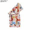 Zevity Femmes Sexy Single Épaule Stone Graffiti Imprimer Bow Slim Mini Robe Femme Chic Side Zipper Summer Beach Robe DS8200 210603