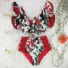 Wysoka talia bikini Ruffle Stroje kąpielowe Kobiety Drukuj Sexy Swimsuit Push Up Bikinis Plus Size Kostiumy kąpielowe Bow Beach Nosić 210621