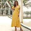 2021 Summer Floral Boho Maxi DrWomen SundrElegant Party DrFlower Ladies Short Sleeve Robe Femme Yellow Red X0621