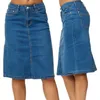 Denim Skirt Women Fashion Casaul Stretch Knee Length Washed Denim Blue Skirts Plus Size Pockets Pure Color Office Female Skirts 210306