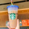 Starbucks 710 ml Renk Değişimi Tumblers Plastik Dudak ve Saman Ile Suyu Kupası Içme Suyu Kupa Kostom Gökkuşağı Renk Değişen Plastik