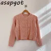 Asapgot Fashion Korea Chic Elegant Round Neck Twist Pink Cardigan Sweater Slim High Waist Sticka Kjolar Vinter Sweet Sets Wild 210610