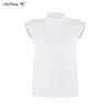 Mnealways18 Casual Chemise blanche sans manches Femmes Summer Office Blouse Dames Épaule Rembourrée Top Bouton Chemise Col Montant 210225