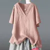 Fje 여름 여성 Tshirt Plus 크기 짧은 소매 캐주얼 느슨한 V 넥 티셔츠 Femme 불규칙 빈티지 코튼 린넨 탑 D9 210722