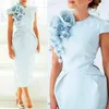 Elegant Light Sky Blue Sheath Groom Mother's Dresses Short Sleeve Tea Length Satin Mother Of The Bride Dresses Jewel Neck Vintage Wedding Guest Gowns Custom Made 2022