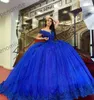 2021 Vintage Königsblau Quinceanera Kleider Schulterfrei Spitze Applikationen Perlen Pailletten Spitze Pailletten Sweet 16 Party Abendkleid Even3671481