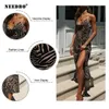 Needbo Summer Let Summer Lampart Paski Loose Long DstraplStrap Cold Ramię Z Krótkim Rękawem Split Maxi Dresses X0529