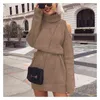 Turtleneck Knitwear Women's Dresses Autumn Casual Fashion Office Lady Off Shoulder Female Winter Long Sleeve Midi Sweater Dress G1214