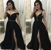 Dwa Style Czarny Linia Prom Dresses High Side Split Koronki Aplikacja Off Ramię Długość Formalna Sukienka Wieczór Wear Party Suknie Vestidos