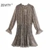 ZEVITY femmes vintage col en v imprimé léopard élastique volants mini robe femme à manches longues robe chic décontracté robes minces DS4482 210309