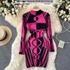Casual Dresses SINGREINY Women Design Print Knitted Dress Long Sleeve O Neck Elastic Slim Pencil Autumn Winter Sexy Bodycon Sweater