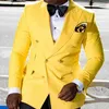 Gele Double Breasted Men Past voor Afrikaanse 2-delige Slim Fit Prom Bruiloft Tuxedo Groomsmen Set Blazer met Black Pants Fashion X0909