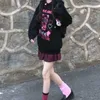 QWEEK Felpa con cappuccio da donna Kawaii Felpa con stampa Goth Top a manica lunga Tuta nera Pink Soft Girl Coreano Anime Punk Abbigliamento 210809