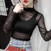 Seksi Dantel Dip Bluz Kadın Sonbahar Fener Kollu Siyah Ve Beyaz Örgü Kısa Üst Moda Blusas Chemisier Femme 12073 210528