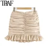 TRAF Women Chic Fashion Appliques Ruffled Pleated Mini Kjol Vintage High midjan Back Zipper Kvinnliga kjolar Mujer 210309