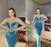 Árabe Aso Ebi azul luxuoso sexy vestidos de noite frisado cristais lace veludo manga longa festa formal segunda recepção vestidos de baile
