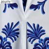 Zevity mulheres vintage azul totem floral impressão blusa escritório senhoras negócios casual camisa chique solto blusas tops ls98 220210