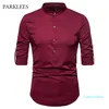 Luxury-Rolled Up Sleeve Shirt Men 2021 Autumn Stand Collar Mens Dress Shirts Chemise Homme Henry Tops Camiseta Men's Casual