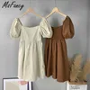 Msfancy Summer Cotton Mini Dress Women Square Collar Puff Sleeve Vestido De Mujer Boho Casual Robes 210730