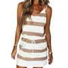 Women Fashion Sling Dresses Sleeveless V Neck Loose Casual Drawstring Striped Print Beach Mini Dress 210630