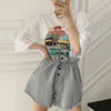 Korejpaa Dames Set Zomer Korea Chic Leeftijd Reduction Ronde Hals Cartoon Print Losse T-shirt Knoppen Casual Pant 210526