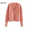 Zevity Women Fashion V Neck Ball Decoration Cardigan Stickad Sweater Långärmad Twist Chic Outwear Coat Tops S473 210603