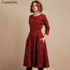 Klassieke Engelse stijl rode geruite jurk vrouwen herfst 3/4 mouwen O-hals sjerpen a-lijn casual jurk vintage midi feestjurken 210303