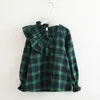 Camicia da donna Kyqiao Camicia da donna Mori Girls Autunno Primavera V Collo a V Cuffia ondulato Bordo a maniche lunghe Verde Red Blue Plaid Camicetta 210225