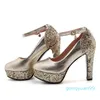 Plus size 34 to 42 43 bridal wedding shoes red sequined ankle strappy round toe platform pumps gold silver Come With Box