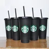 Starbucks 24oz/710ml Plastic Tumbler Reusable Black Drinking Flat Bottom Cup Pillar Shape Lid Straw Mug Tumblers guobini