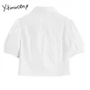 Yitimuceng blanc Blouse femmes creux chaîne bouton Up chemises surdimensionné manches bouffantes unicolore été coréen hauts à la mode 210601